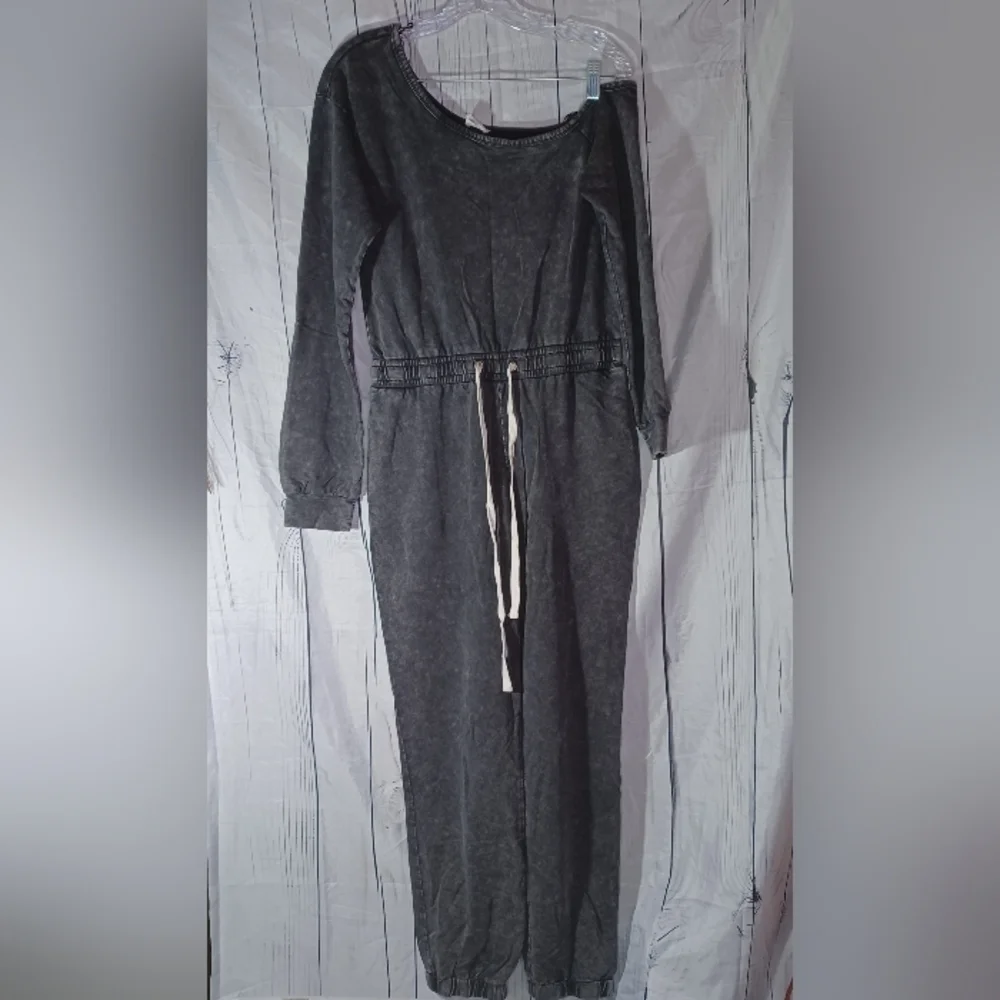 Lane 201 Faded Black Off The Shoulder comfy casual Jumpsuit with Drawstring